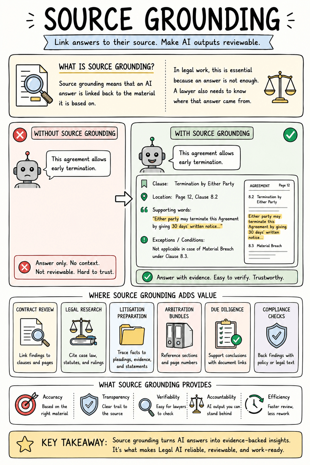 Grounded legal answer showing a proposition linked to a clause, page, quotation and applicable conditions