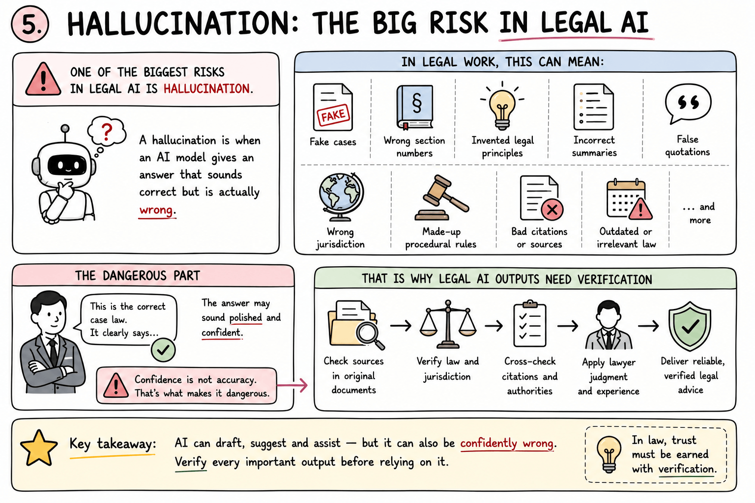 Examples of legal AI failure including invented cases, incorrect quotations, missing facts and wrong jurisdictions