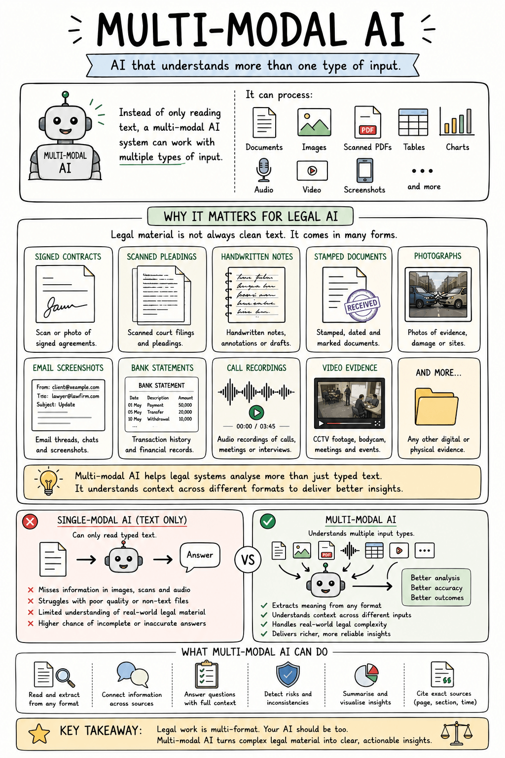 Multimodal Legal AI diagram showing text documents, scans, images, tables, audio and video