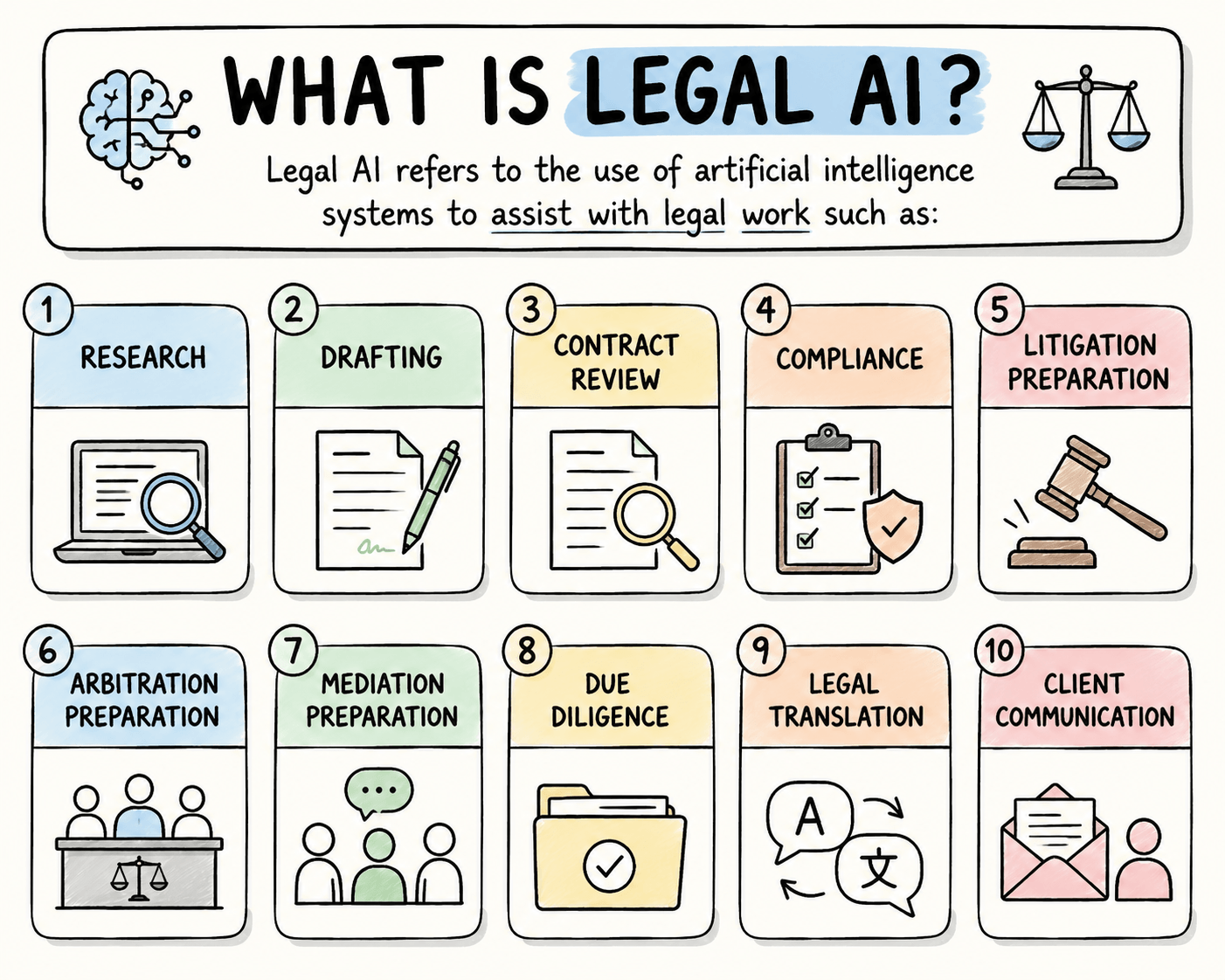 Diagram showing Legal AI applications including research, drafting, contract review, compliance and dispute preparation