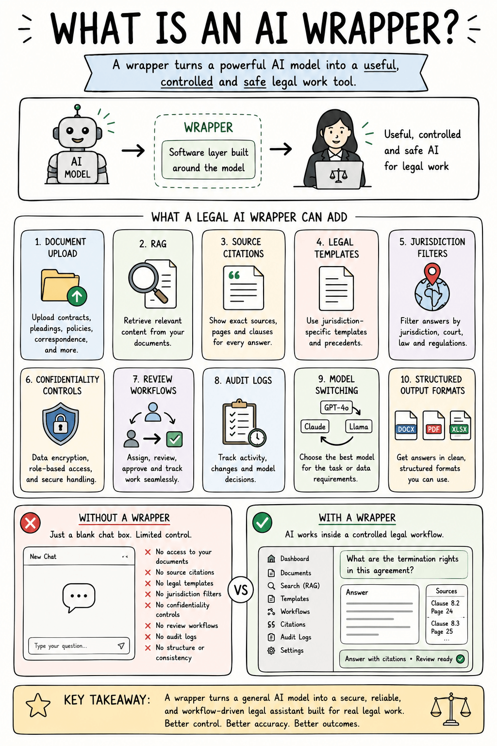 Legal AI wrapper diagram showing user interface, permissions, document retrieval, model, structured output, audit log and lawyer review